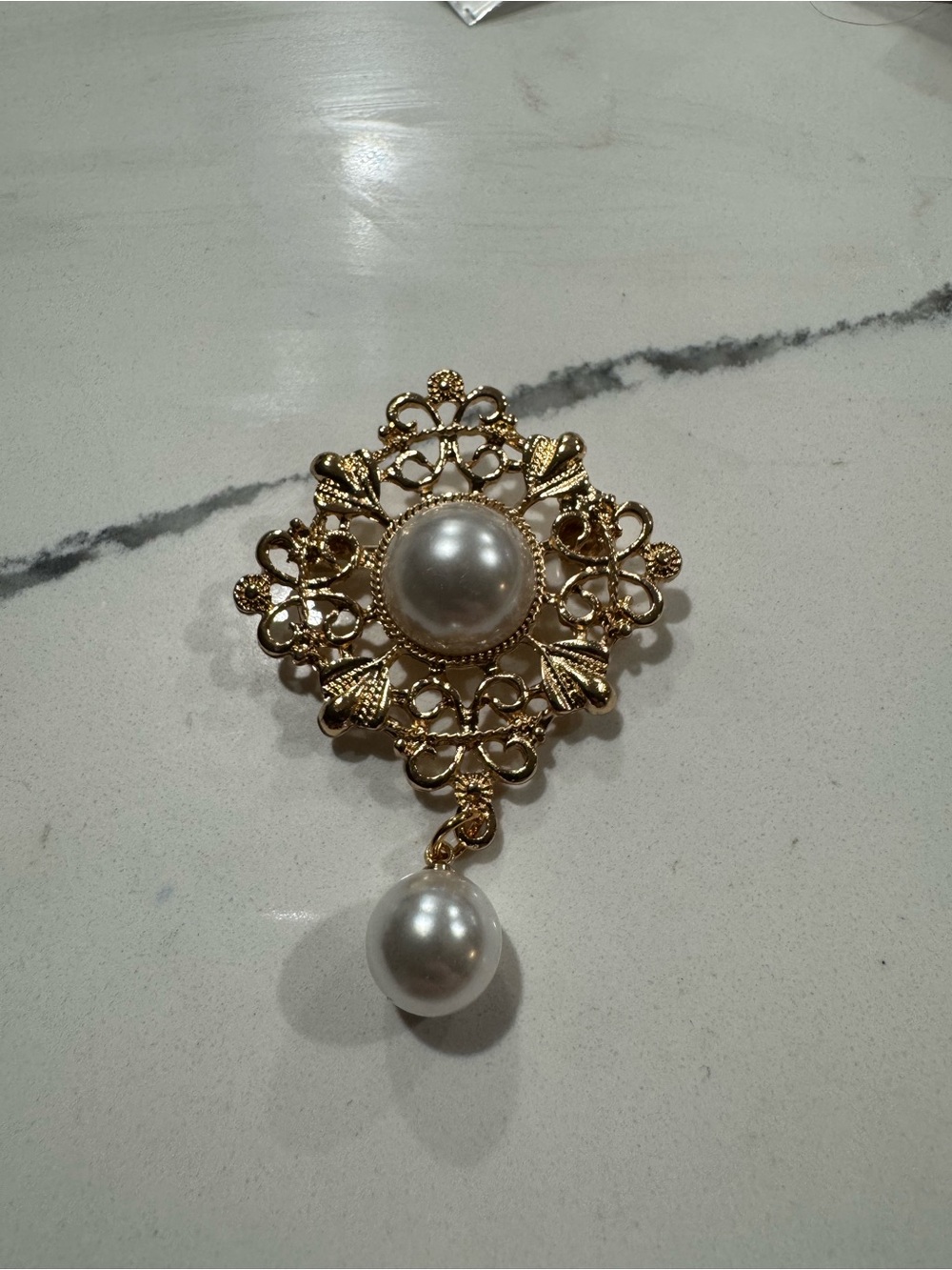 Gold Filigree Pearl Drop Brooch - Classic Women's Jewelry